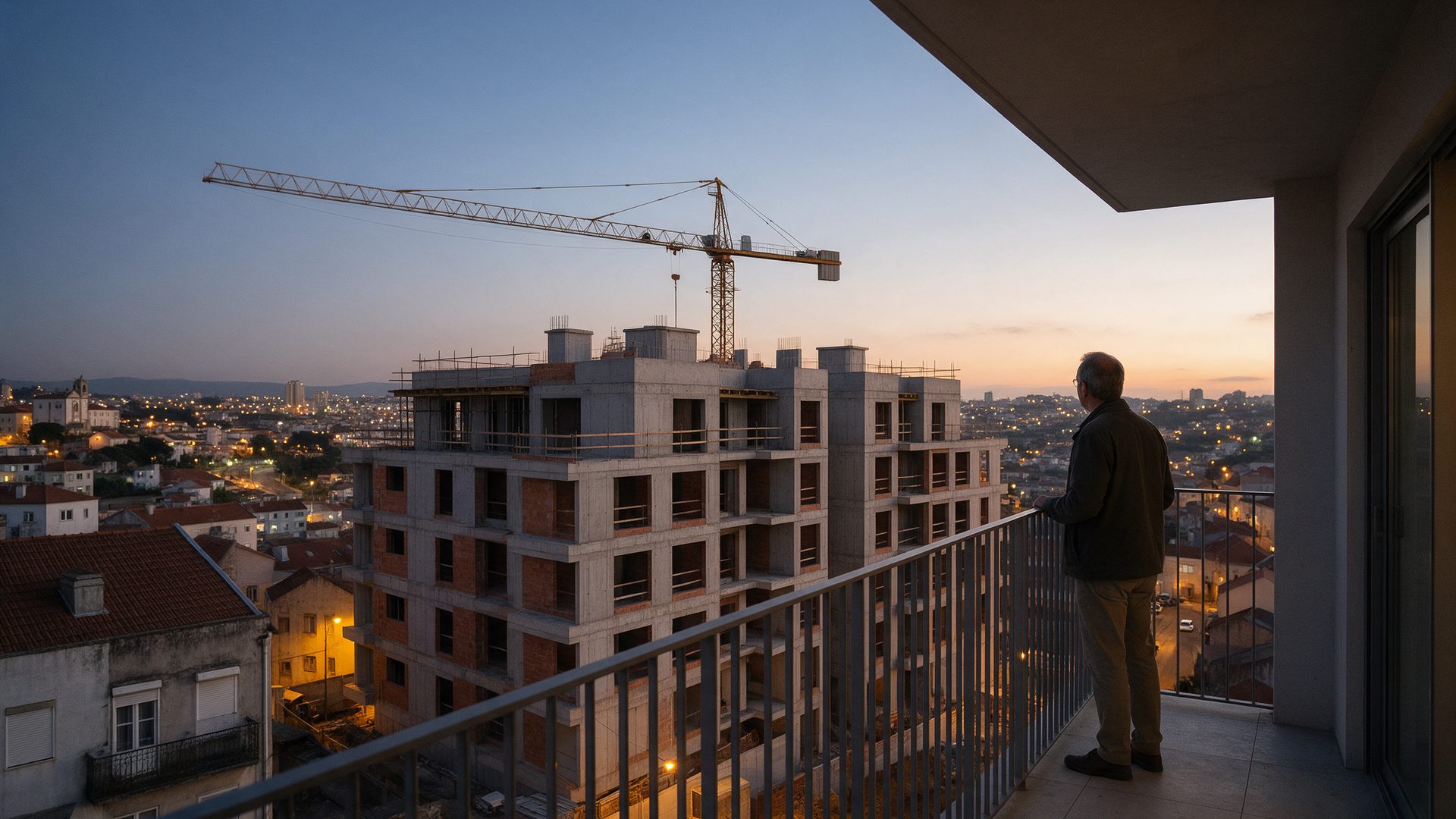 Investidor a observar um empreendimento em construção ao entardecer