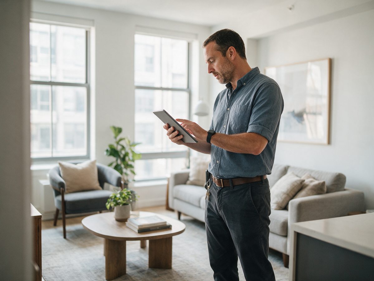 Gestor a inspecionar um apartamento com tablet