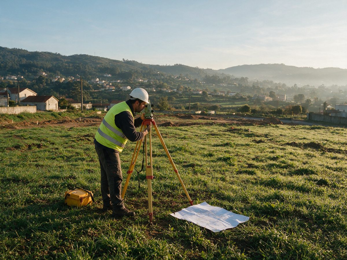 Topógrafo num terreno preparado para urbanização no Minho